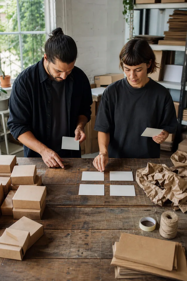 Two makers sorting plain parcels and blank cards into groups.