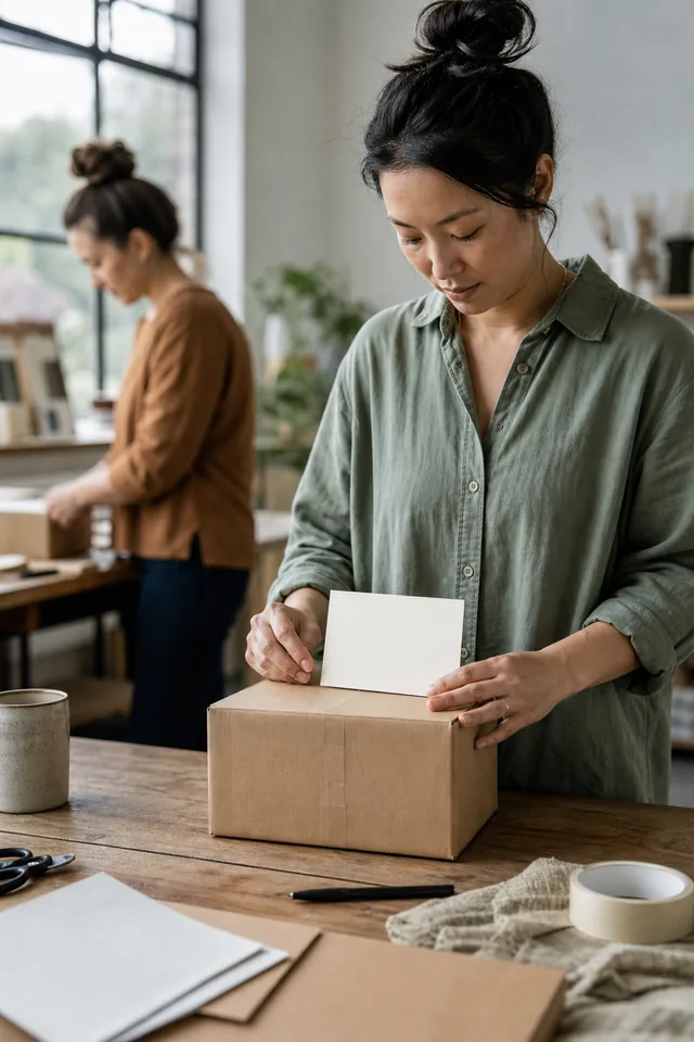 Maker checking a sealed plain parcel and blank route card at a tidy table.