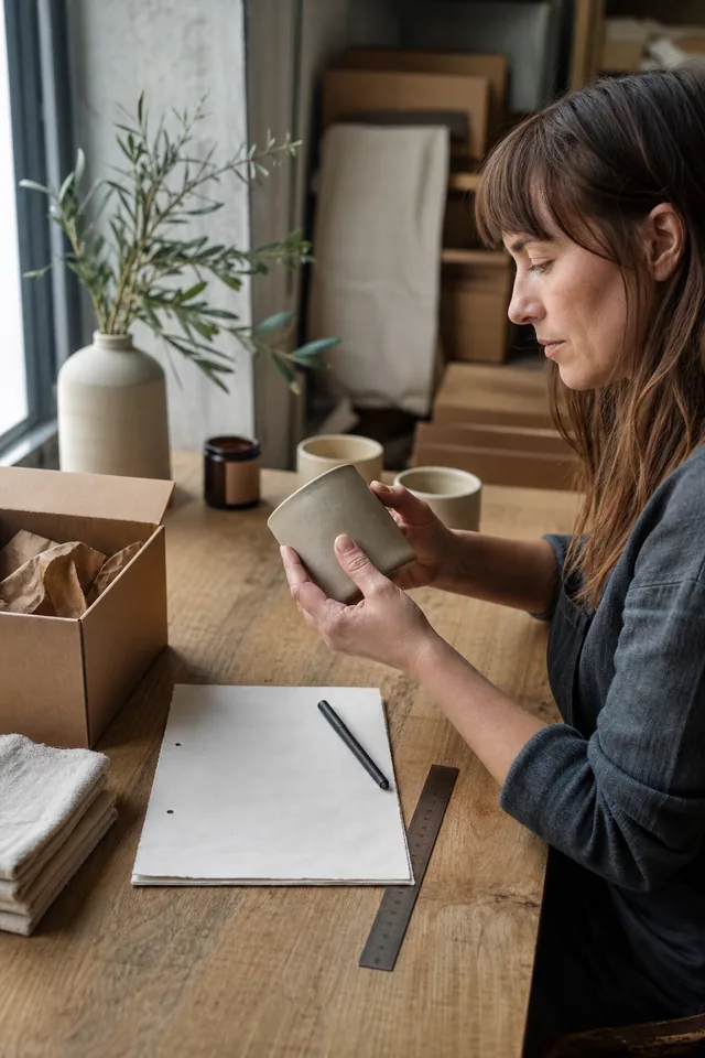 Human maker examining a plain product beside a blank fact sheet and ruler at a worktable.