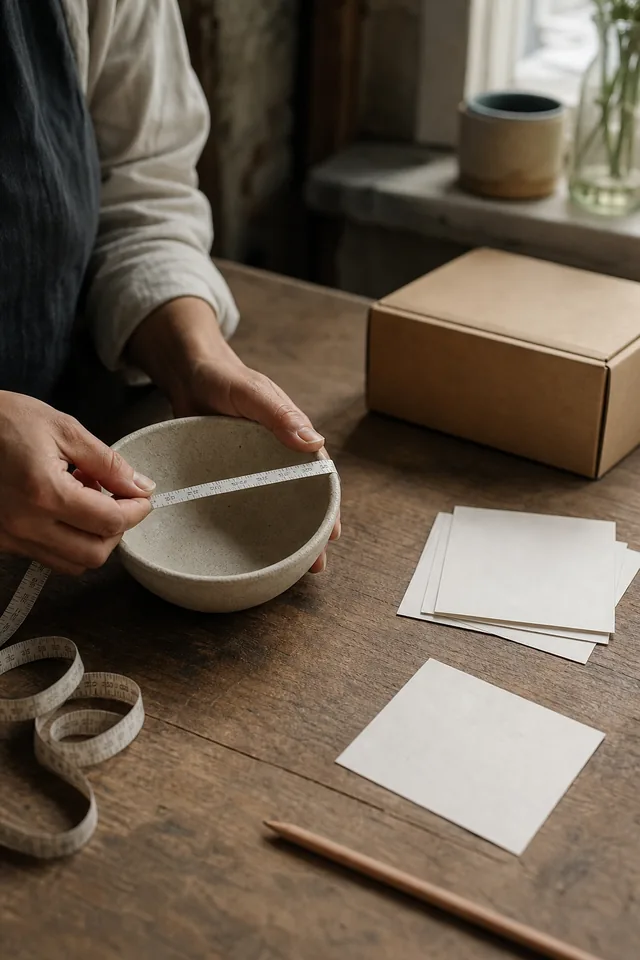 Hands comparing a plain handmade item with a measuring tape and blank cards.