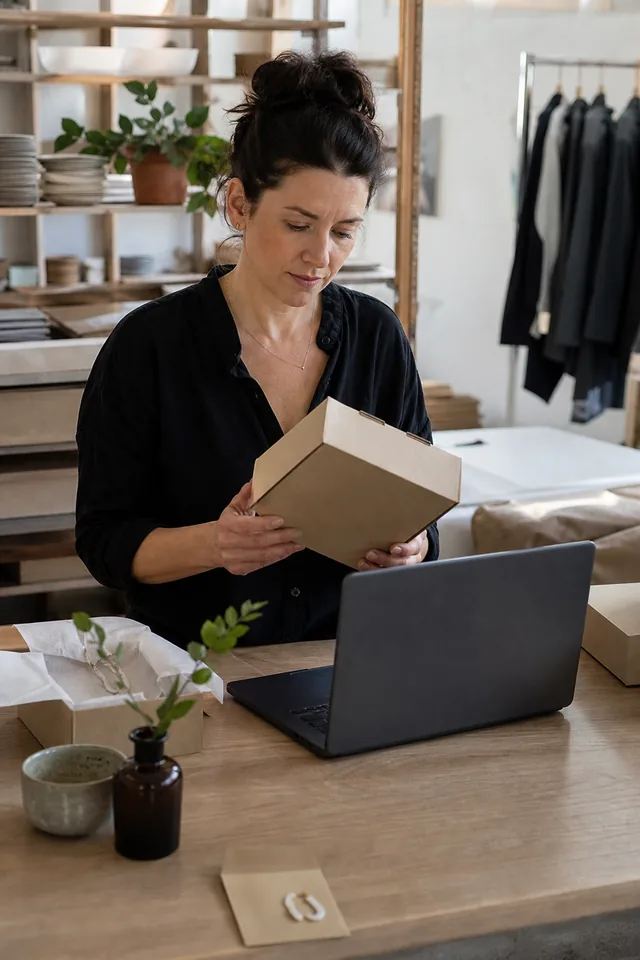 Maker checking a plain parcel at a worktable beside a turned-away laptop.