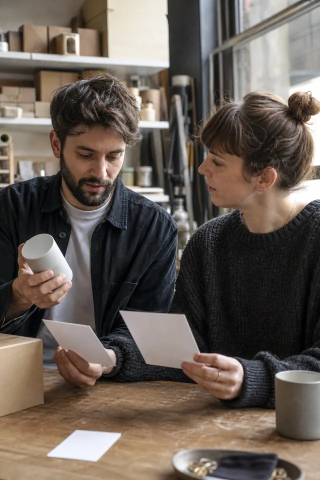 Two makers looking at a plain product and blank cards together in a workshop.