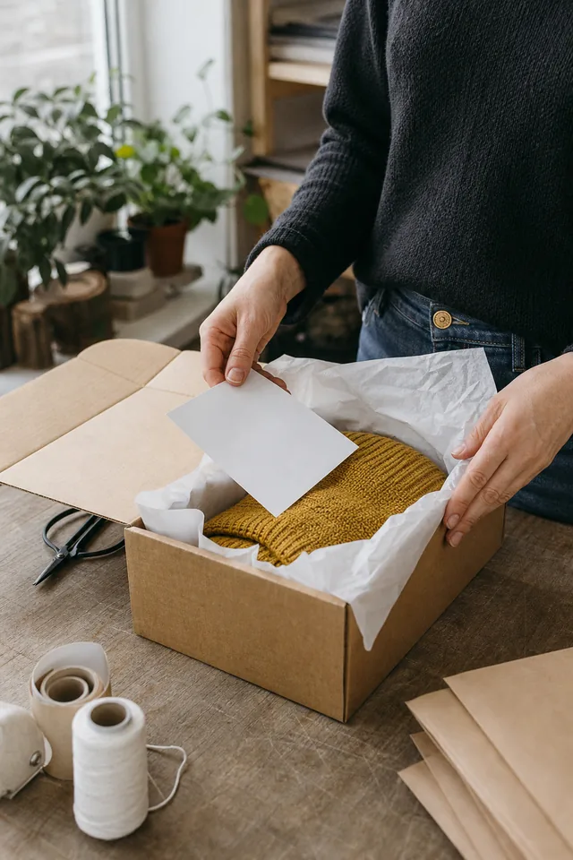 Maker packing a plain order with tissue paper and a blank card.