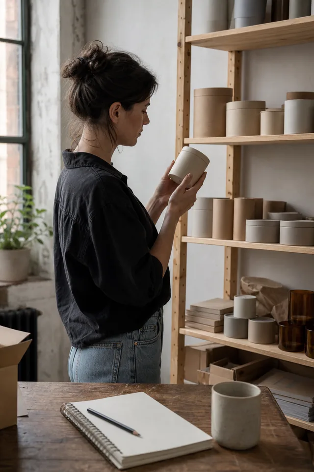 Maker inspecting a plain product on a studio shelf with a blank notebook nearby.