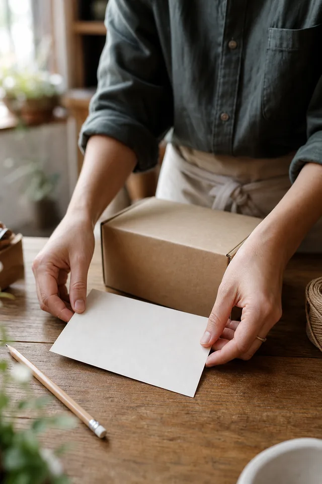 Maker placing a completely blank card beside a plain parcel and pencil.