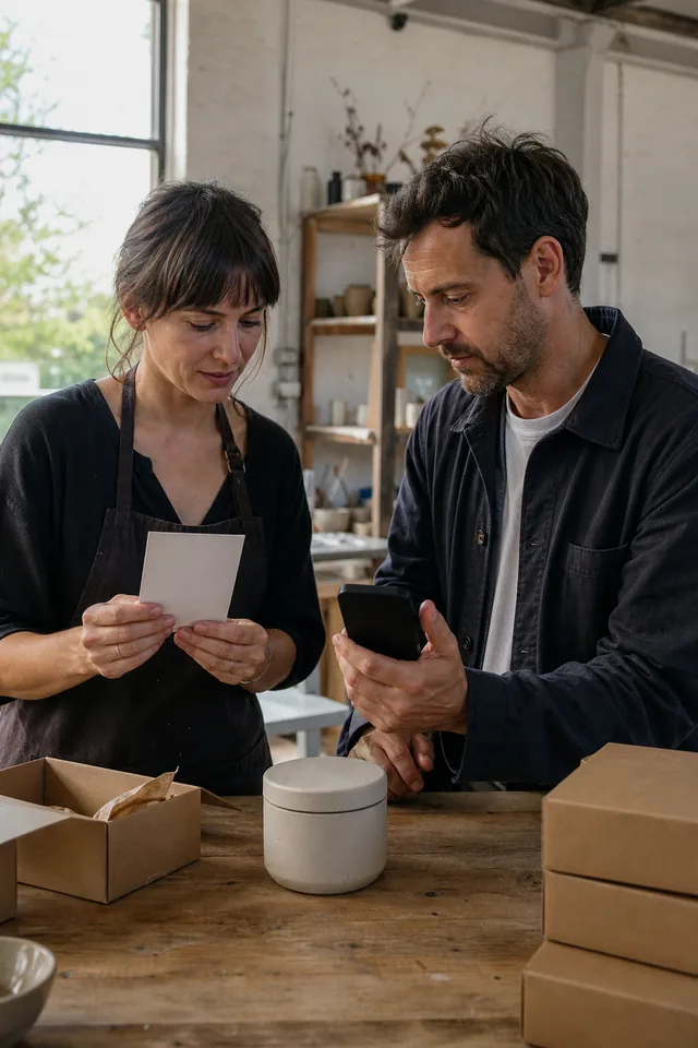 Two makers considering turned-away phones or blank cards beside a plain product.