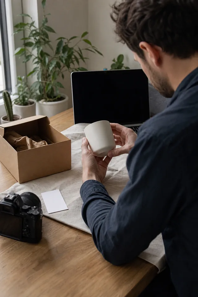 Maker examining a plain product with a camera and turned-away screen.