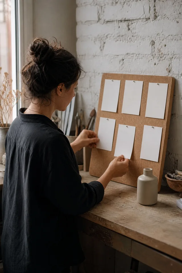Maker arranging blank cards on a board beside a plain product.