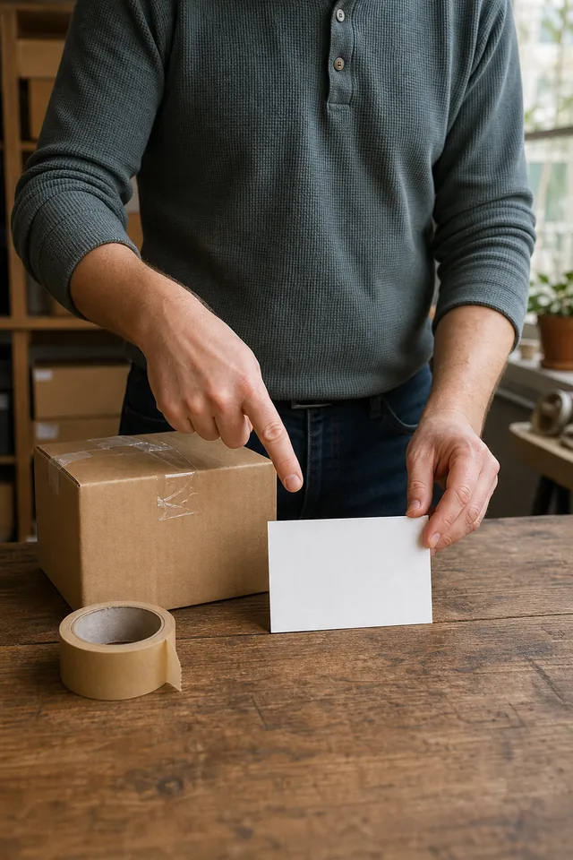 Maker placing a blank delivery card beside a plain parcel.