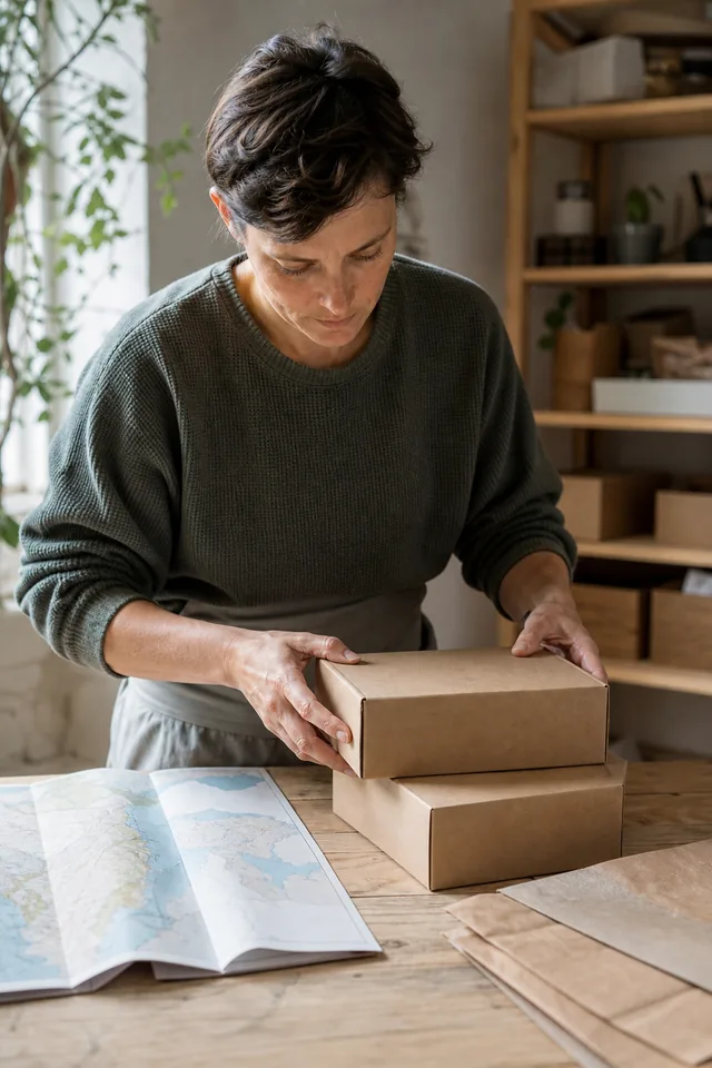 Maker sorting plain parcels beside a folded map with no readable place names.