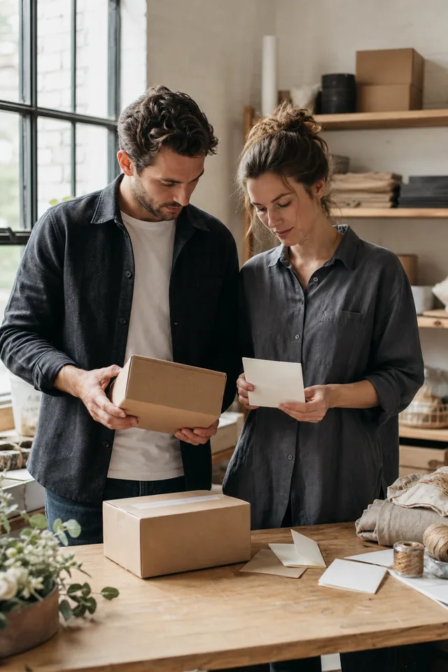 Two makers comparing a plain parcel with blank delivery cards.