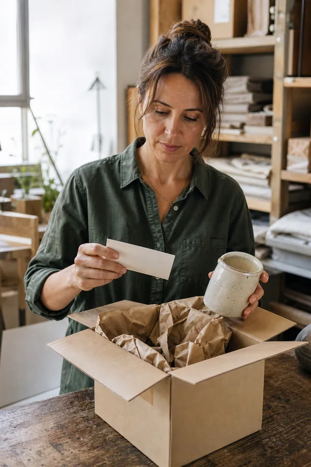 Maker examining an opened plain parcel and packing materials.