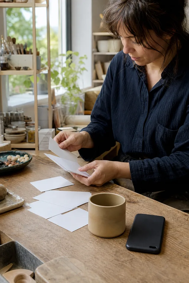 AI-generated editorial photograph of Human maker sorting blank cards beside an unbranded product and a phone turned face down.