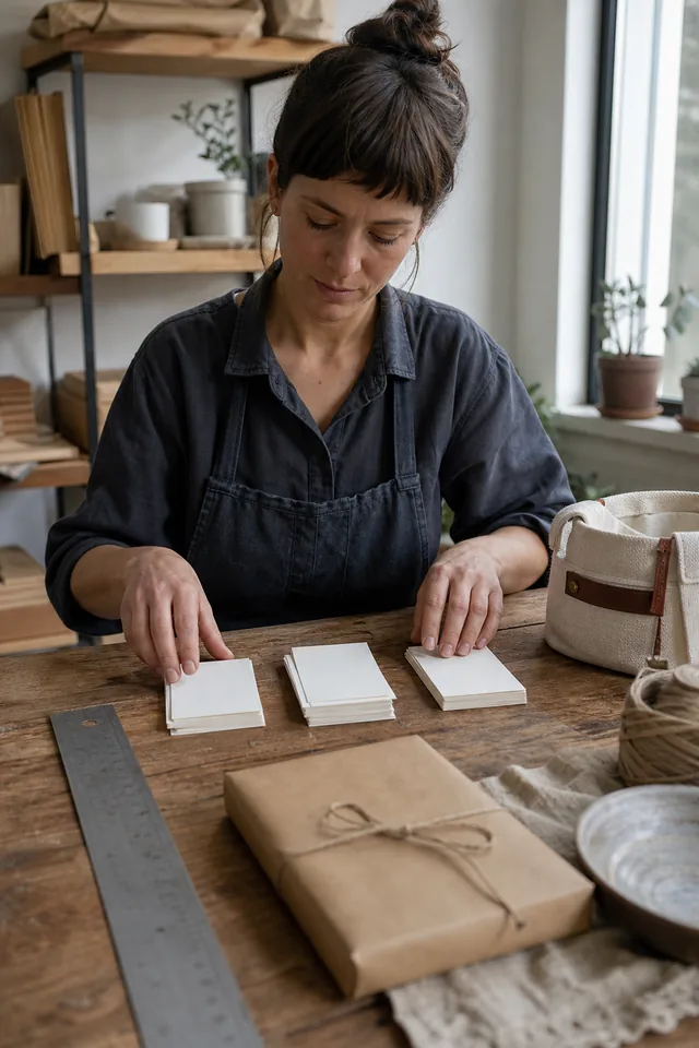 AI-generated editorial photograph of Human maker grouping blank cards beside an unbranded product, ruler and packaging.