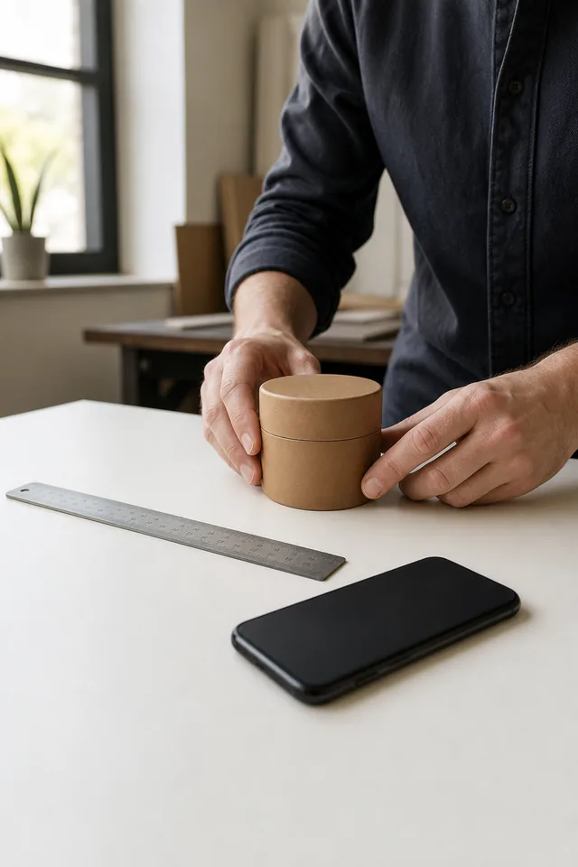 AI-generated editorial photograph of Maker arranging an unbranded product, ruler and turned-away phone on a worktable.