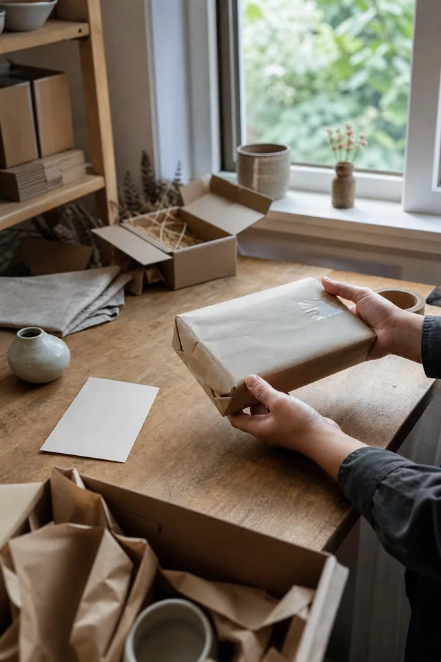 AI-generated editorial photograph of Maker checking an unbranded product and sealed parcel at a packing table.