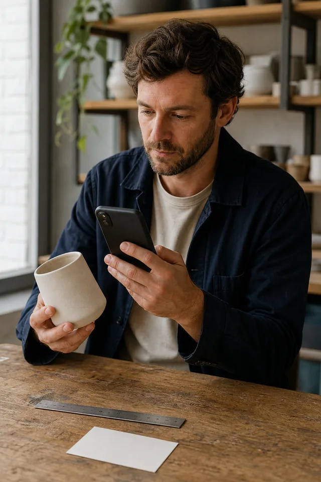 AI-generated editorial photograph of Human maker checking an unbranded product beside a turned-away phone and ruler.