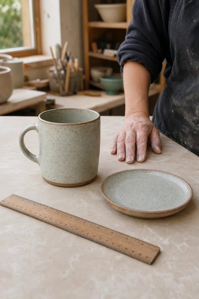 AI-generated editorial photograph of Unbranded stoneware mug beside a separate saucer and ruler in a ceramic studio.