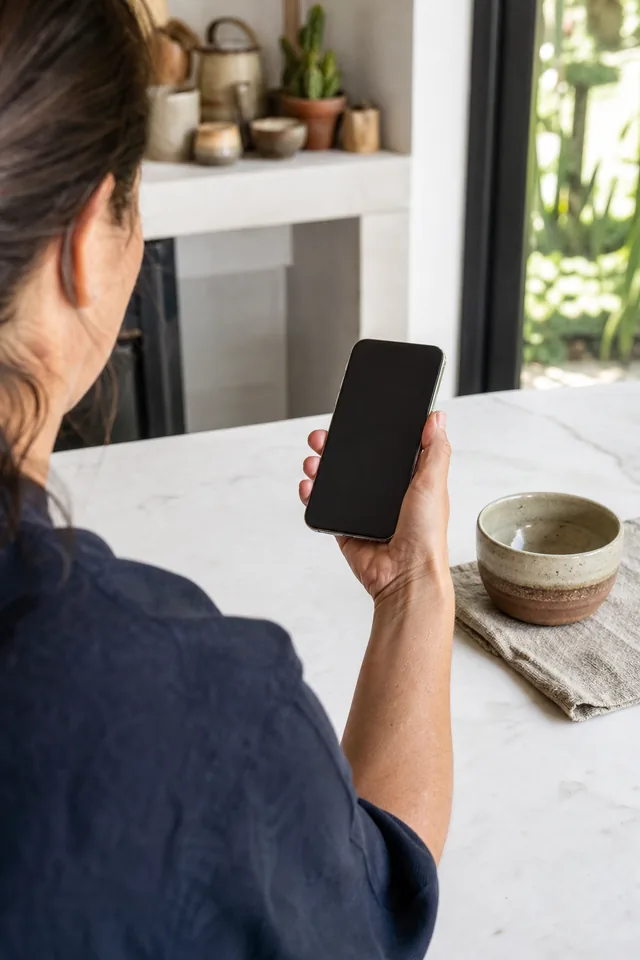 AI-generated editorial photograph of Maker viewing a turned-away smartphone beside an unbranded product.