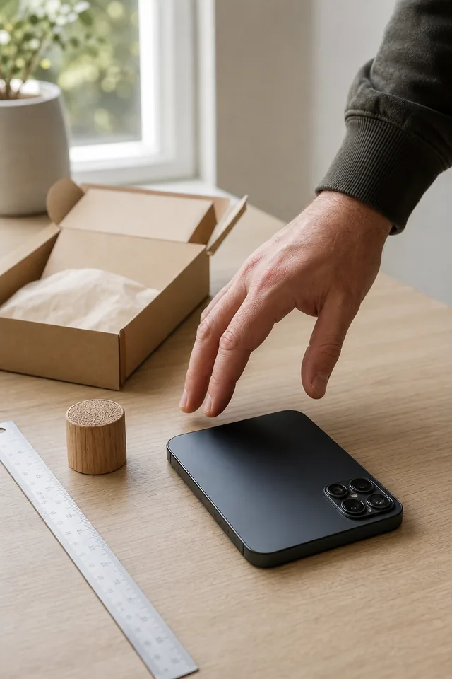 AI-generated editorial photograph of Unbranded product, ruler and packaging beside a phone lying face down.