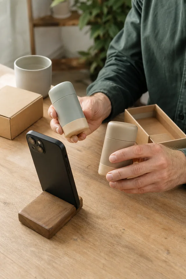 AI-generated editorial photograph of Maker comparing two unbranded product variants beside a turned-away phone.