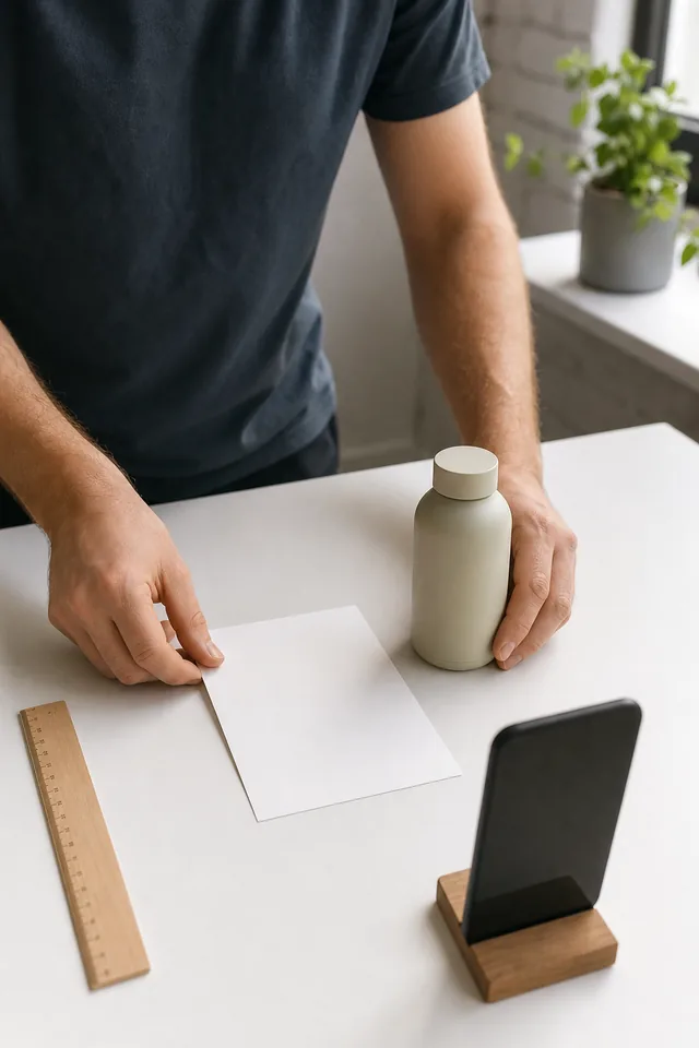 AI-generated editorial photograph of Maker placing a blank card, ruler and product beside a turned-away phone.