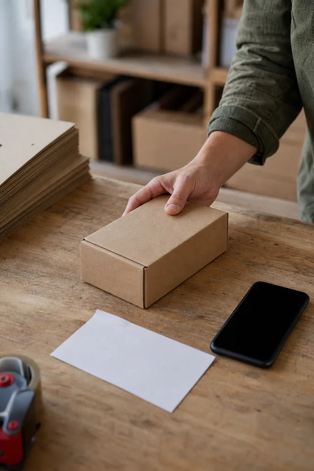 AI-generated editorial photograph of Parcel, plain packaging and turned-away phone on a maker packing table.