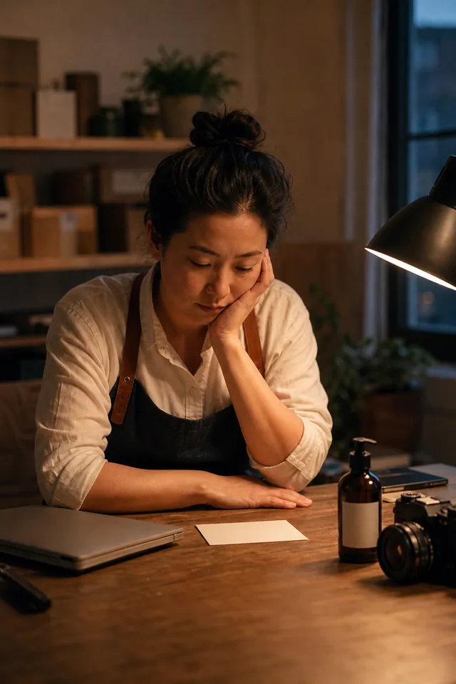 AI-generated editorial photograph of Small-business maker considering a closed laptop and blank planning card at a desk.