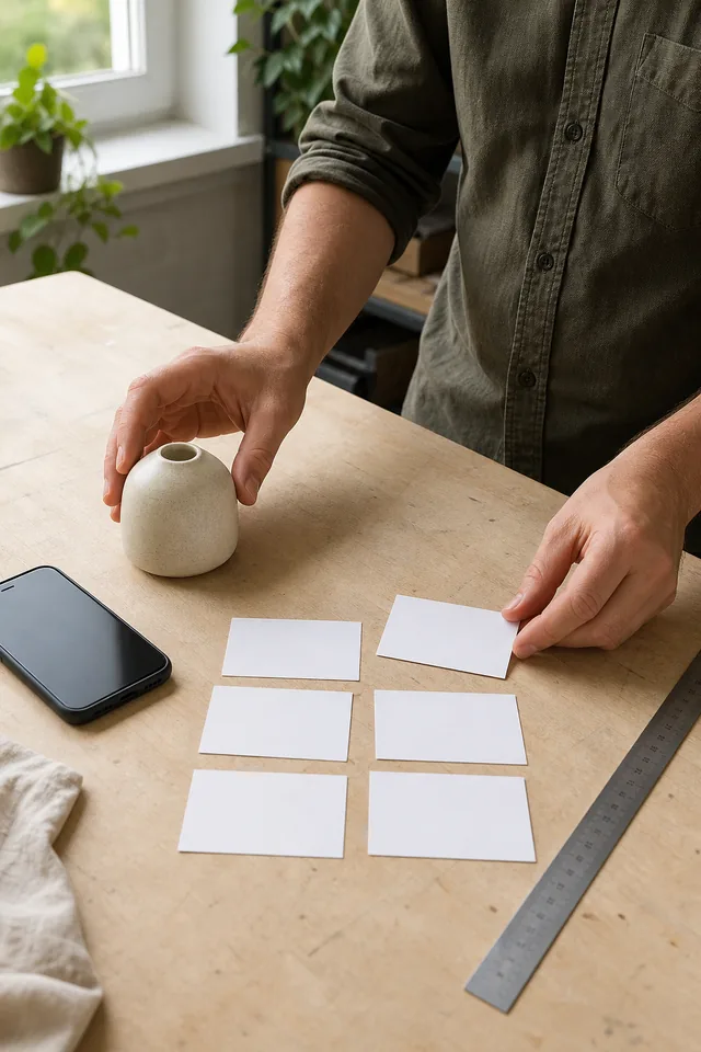 AI-generated editorial photograph of Maker arranging an unbranded product, ruler, turned-away phone and blank cards.