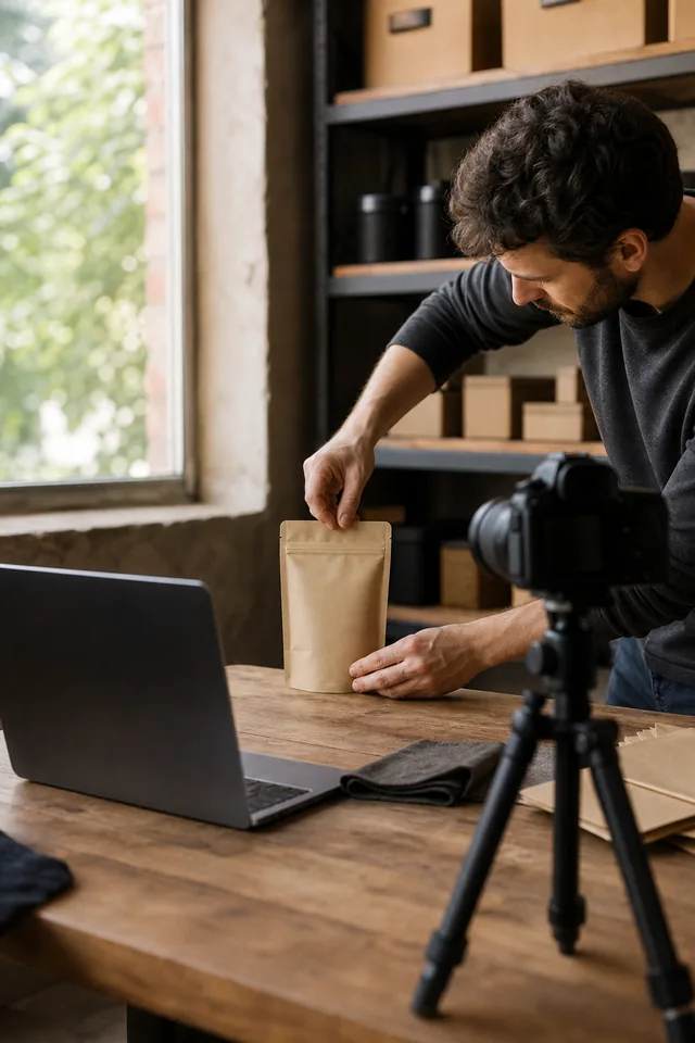 AI-generated editorial photograph of Maker positioning an unbranded product beside a closed laptop and camera.