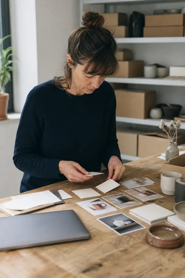 AI-generated editorial photograph of Maker rearranging product photographs and blank cards on a worktable.