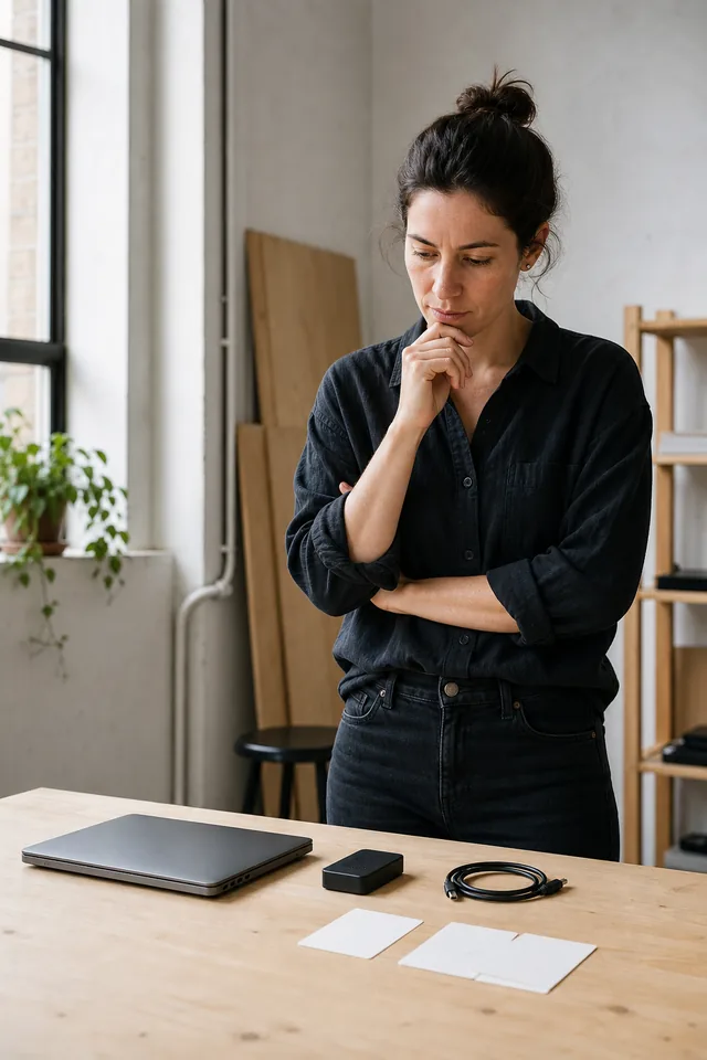 AI-generated editorial photograph of Maker considering a closed laptop, plain cable, product and blank cards.