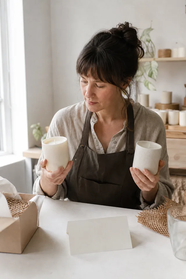AI-generated editorial photograph of Human candle maker comparing two unbranded candles beside a blank decision card.