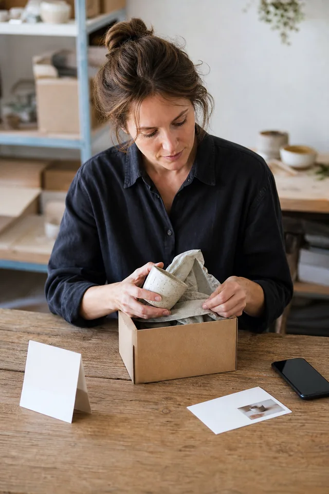 AI-generated editorial photograph of a maker checking an unbranded order parcel beside blank transaction and product cards.