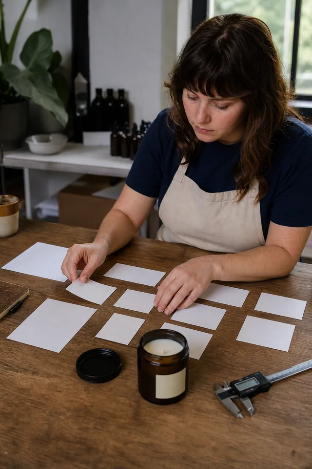 AI-generated editorial photograph of a maker building a fact sheet beside an unbranded product and measuring tool.