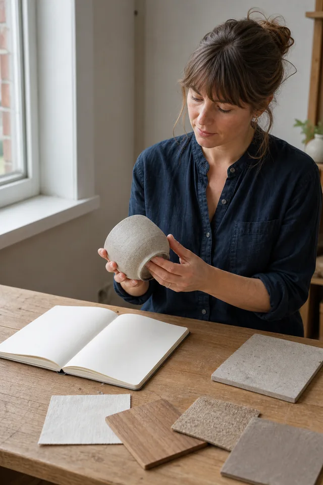 AI-generated editorial photograph of a maker comparing an unbranded object with blank notes and material samples.