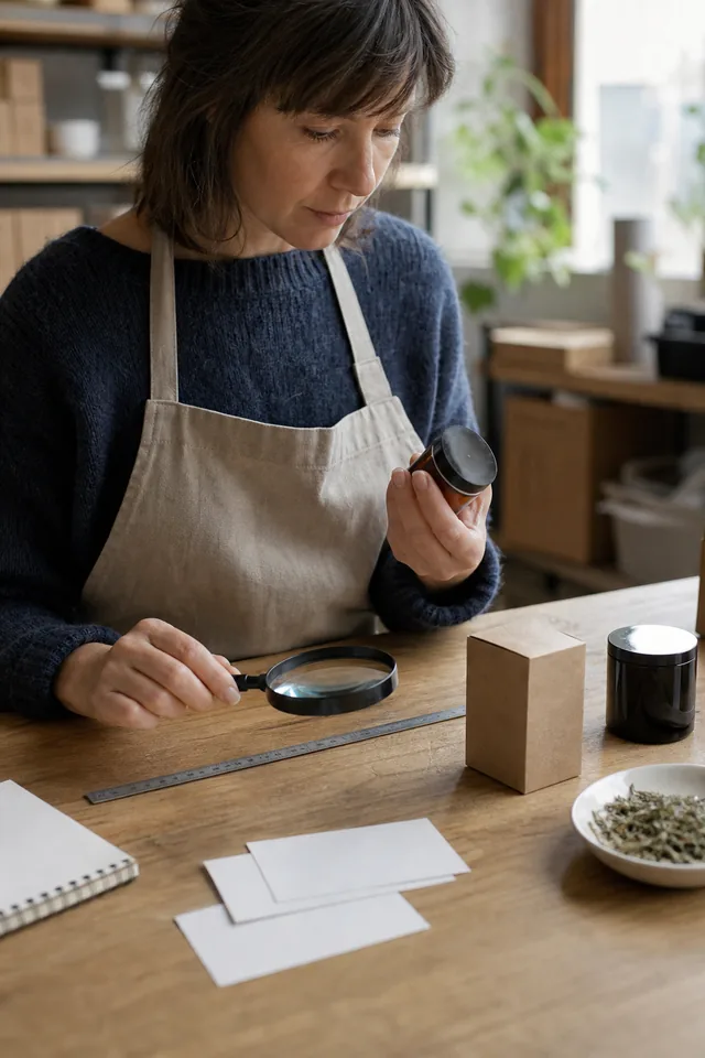 AI-generated editorial photograph of a maker inspecting an unbranded product beside packaging, a ruler and blank cards.