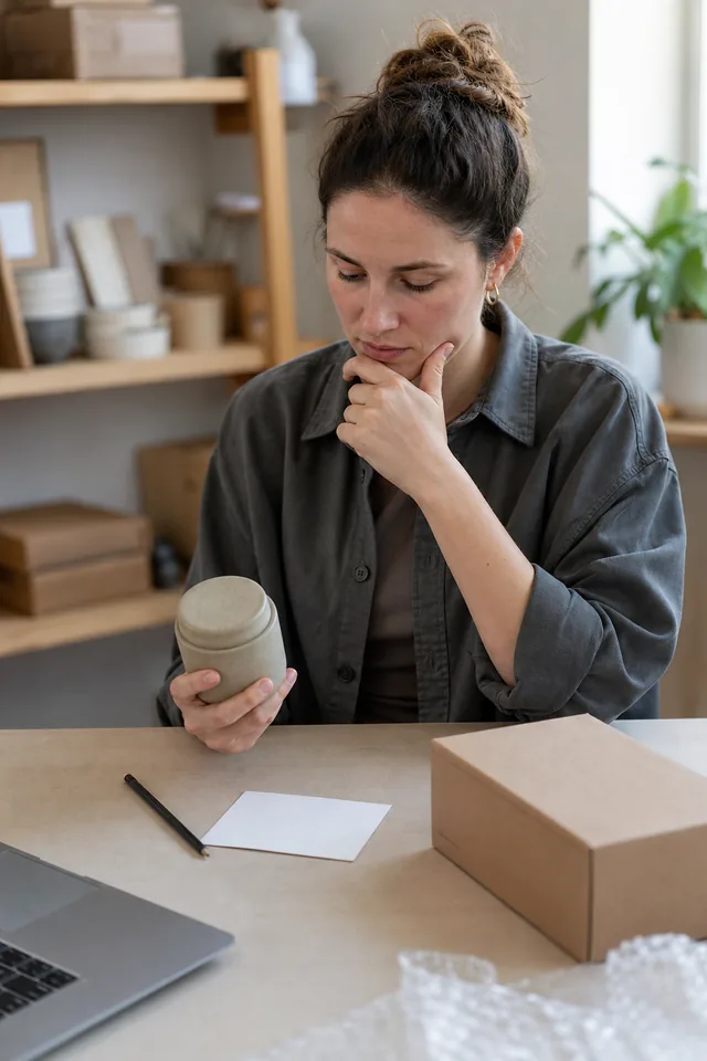 AI-generated editorial photograph of a maker checking an unbranded product and blank record beside plain packaging.