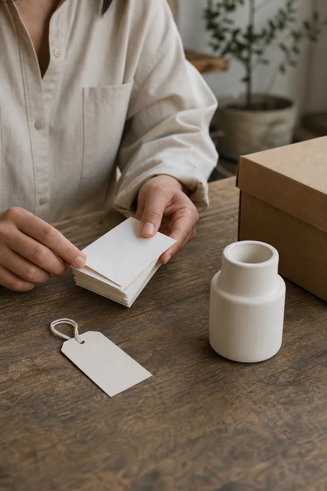 AI-generated editorial photograph of a maker updating blank product records beside an unbranded item and storage box.