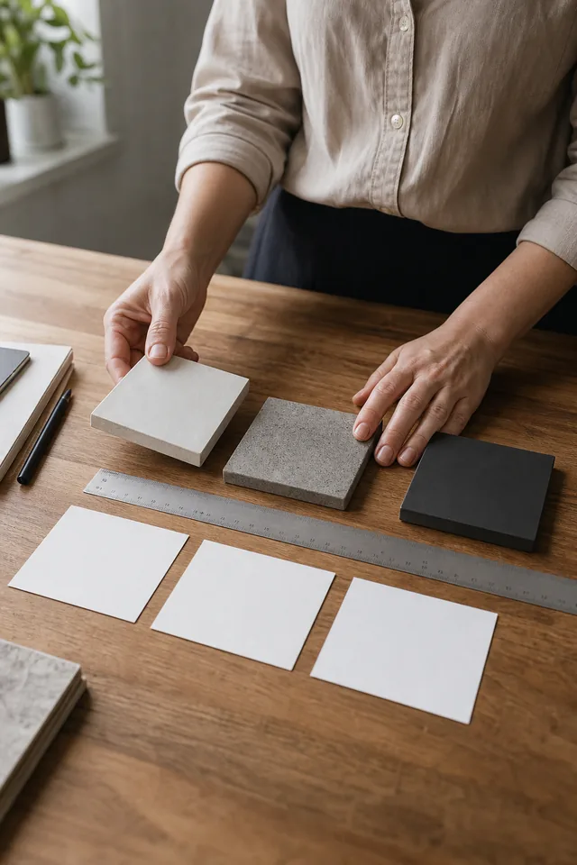 AI-generated editorial photograph of a maker comparing unbranded product variants with a ruler and blank cards.