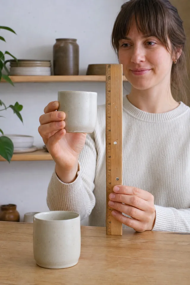 AI-generated editorial photograph of a maker checking an unbranded product beside a ruler and shelf setting.
