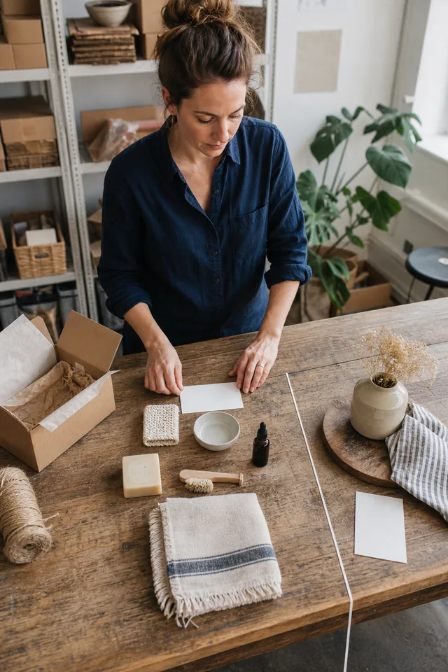 AI-generated editorial photograph of a maker separating included items in an unbranded bundle from an aside prop.