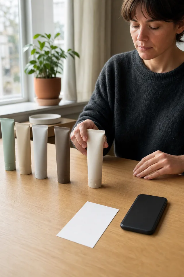 AI-generated editorial photograph of a maker selecting one unbranded product option beside a turned-away phone and blank card.