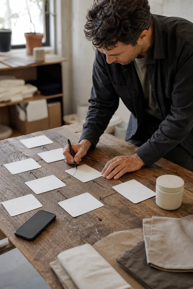 AI-generated editorial photograph of a maker tracing a simple visitor route with blank cards and an unbranded product.