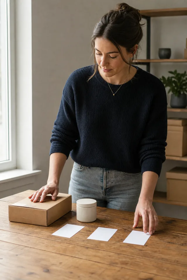 AI-generated editorial photograph of a maker placing a plain parcel and unbranded product in a simple route sequence.