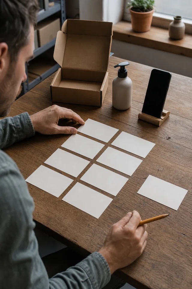 AI-generated editorial photograph of a maker studying blank diagnostic cards beside an unbranded product and turned-away phone.