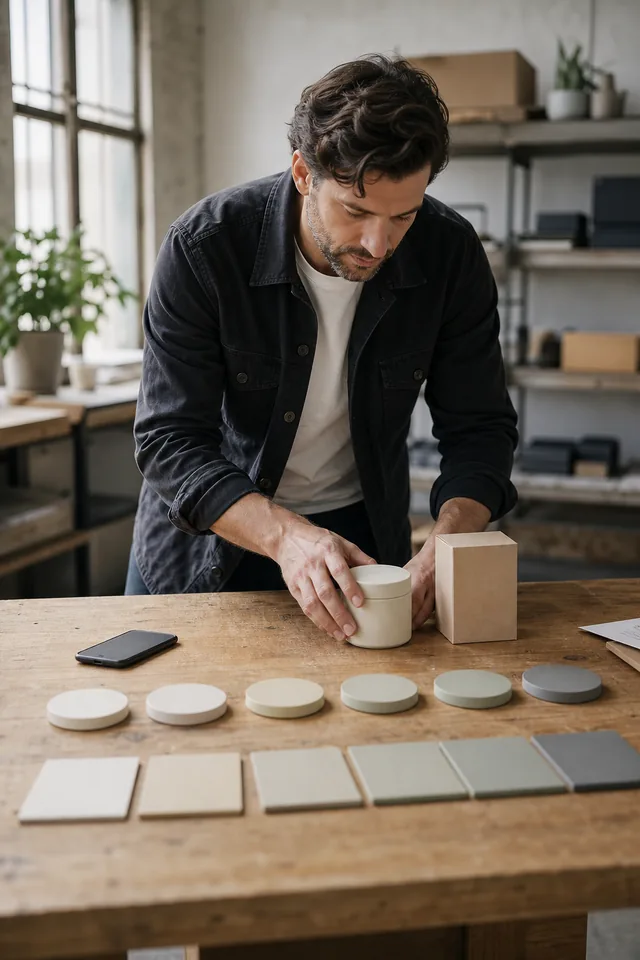 AI-generated editorial photograph of a maker tracing stages from an unbranded product to plain packaging on a worktable.