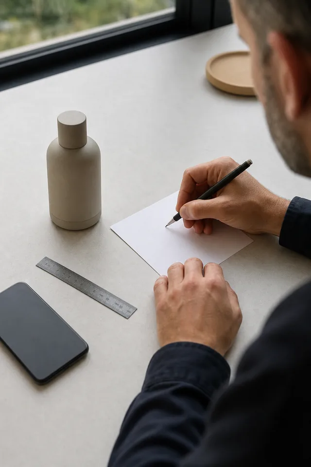 AI-generated editorial photograph of a maker writing on a blank repair card beside an unbranded product and ruler.