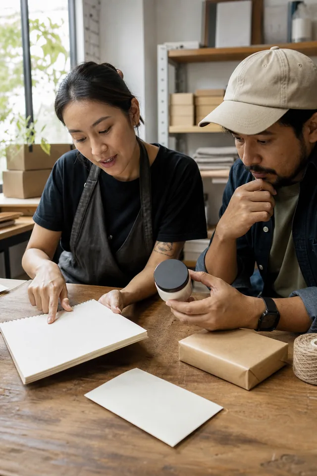 Two makers review a launch plan beside a product.