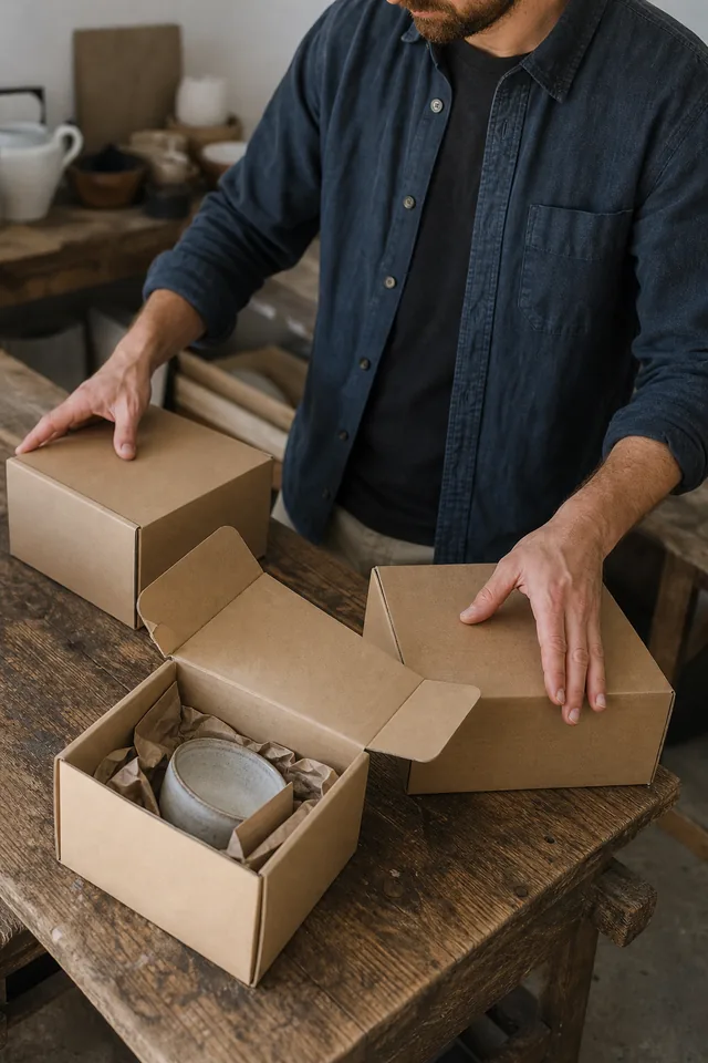 A small maker packs unlabelled orders in a workshop.